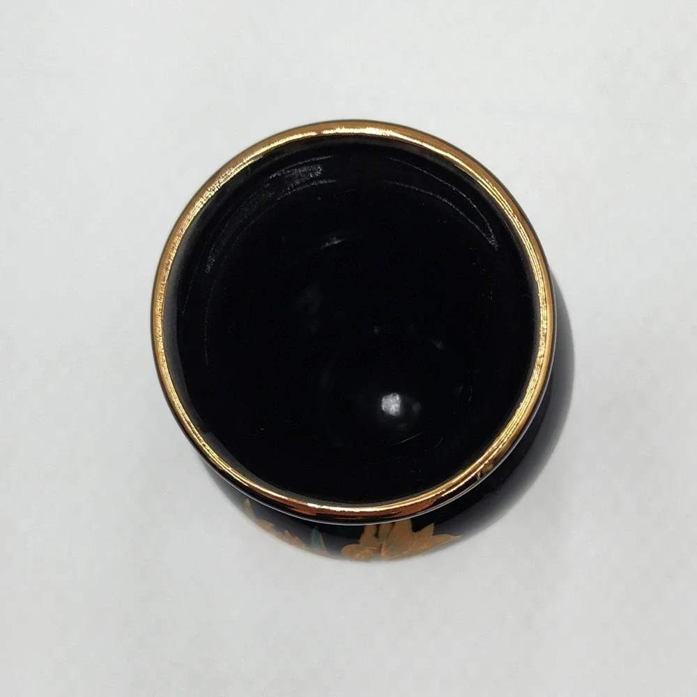 Vintage Japanese Black Floral Bird Vase Ceramic Gold Trim 6 Inch Made in Japan